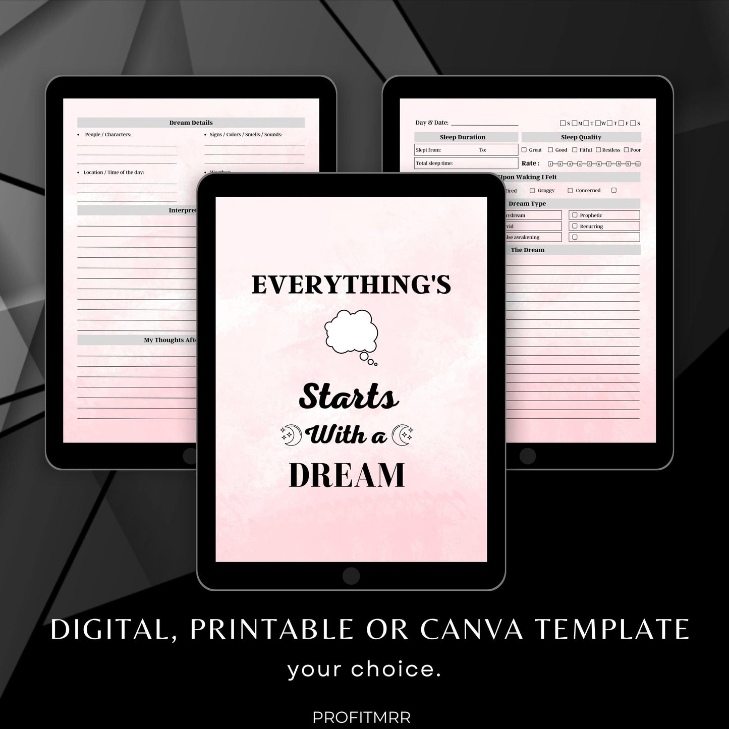 Premium Dream Journal with PLR & MRR, Canva Templates, Self Care Journal, Habit Tracker, Daily Gratitude, Digital Planners, Dream Tracking