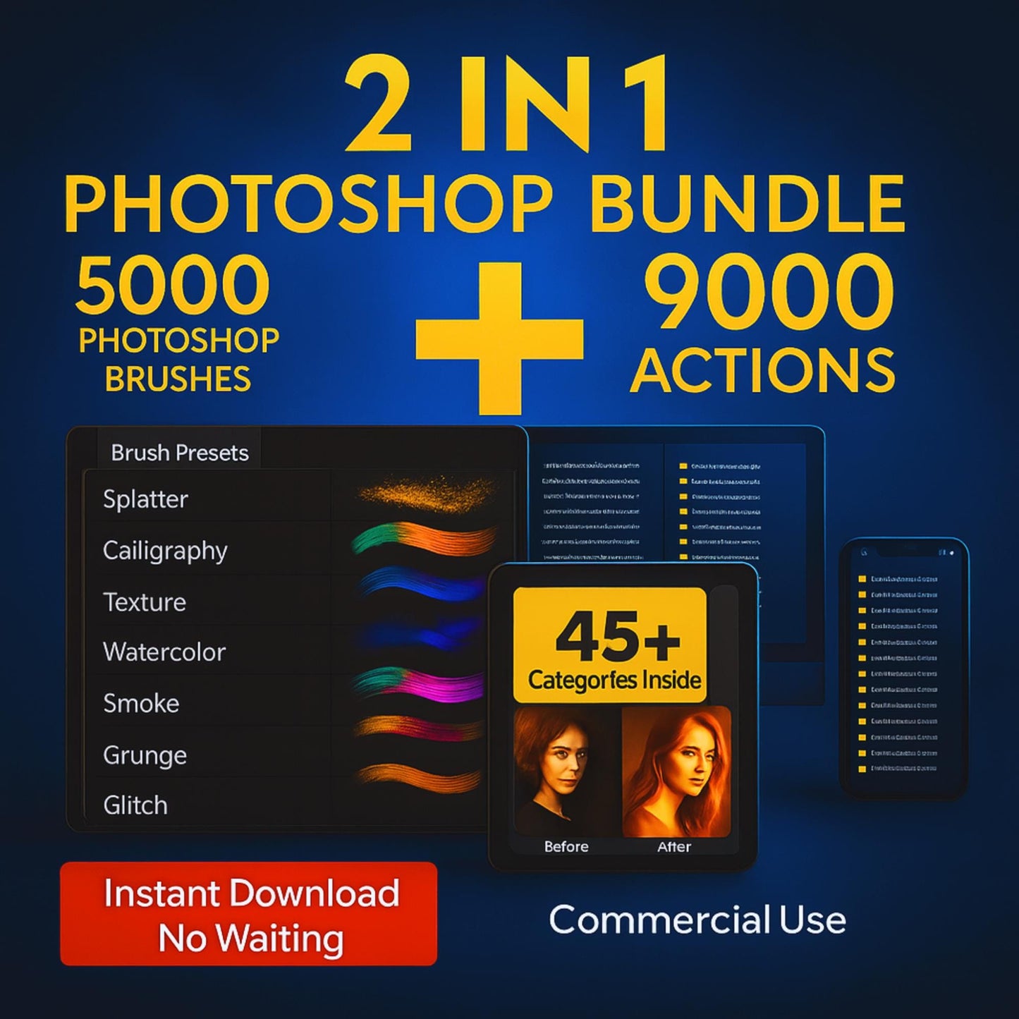 2 in 1 Photoshop Bundle 5000 Brushes + 9000 Actions | PLR MRR Included | Digital Design Tools for Creators | Rebrand & Resell Pack