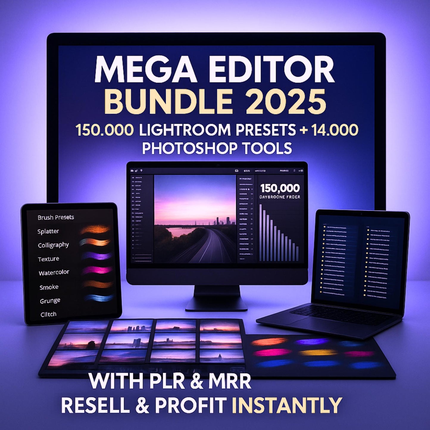 Mega Editor Bundle 2025 PLR MRR, 150,000 Lightroom Presets,Photoshop Brushes, Photoshop Actions, Plr Mrr Editing Bundle, Photography Bundle,