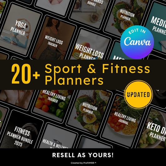 PLR MRR 20+ Sport & Fitness Planners Bundle, Editable Canva Templates, Digital Workout Journals, Resell  Rebrand Fitness Coach Gym Planner