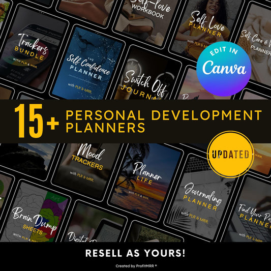 18 Personal Development Planners Bundle PLR MRR, Plr Canva Templates, Resell Rights, Self Care, Goals Habit Tracker, Digital Planners Plr