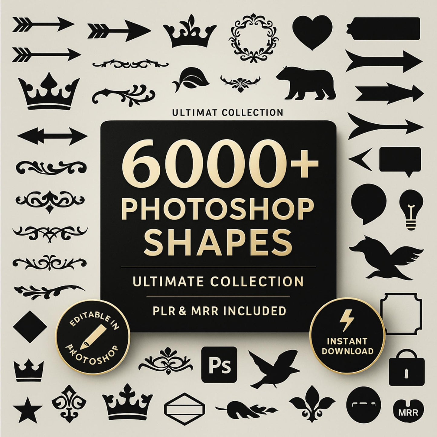 6000+ Photoshop Shapes Bundle PLR MRR, Photoshopo Assets Collection, Photoshop Plr, Plr Products, Ornamental, Frames, Logos, Icons, Animals