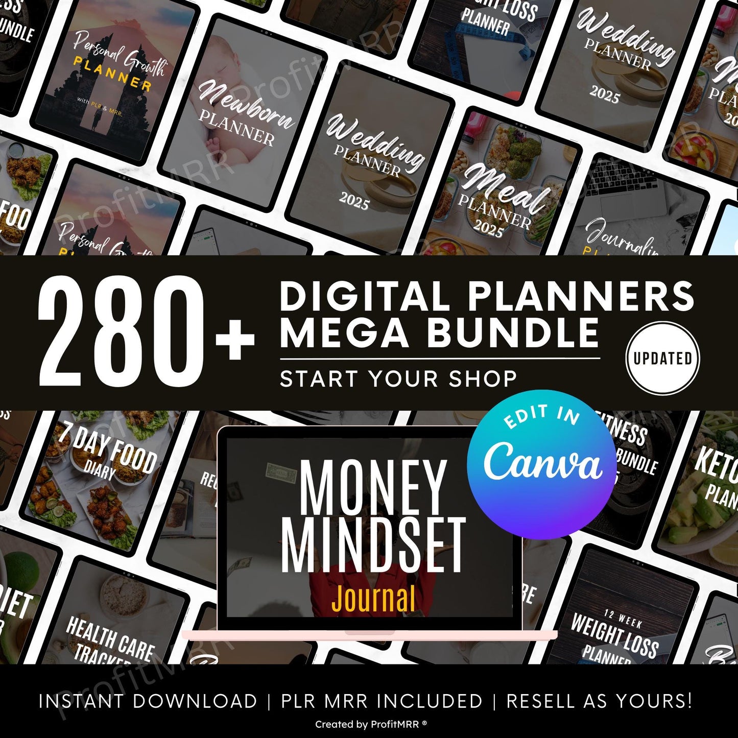 280+ Digital Planners Mega Bundle | PLR MRR Editable Canva Templates for Resell, Organization, Productivity & Business Use, Plr Planners
