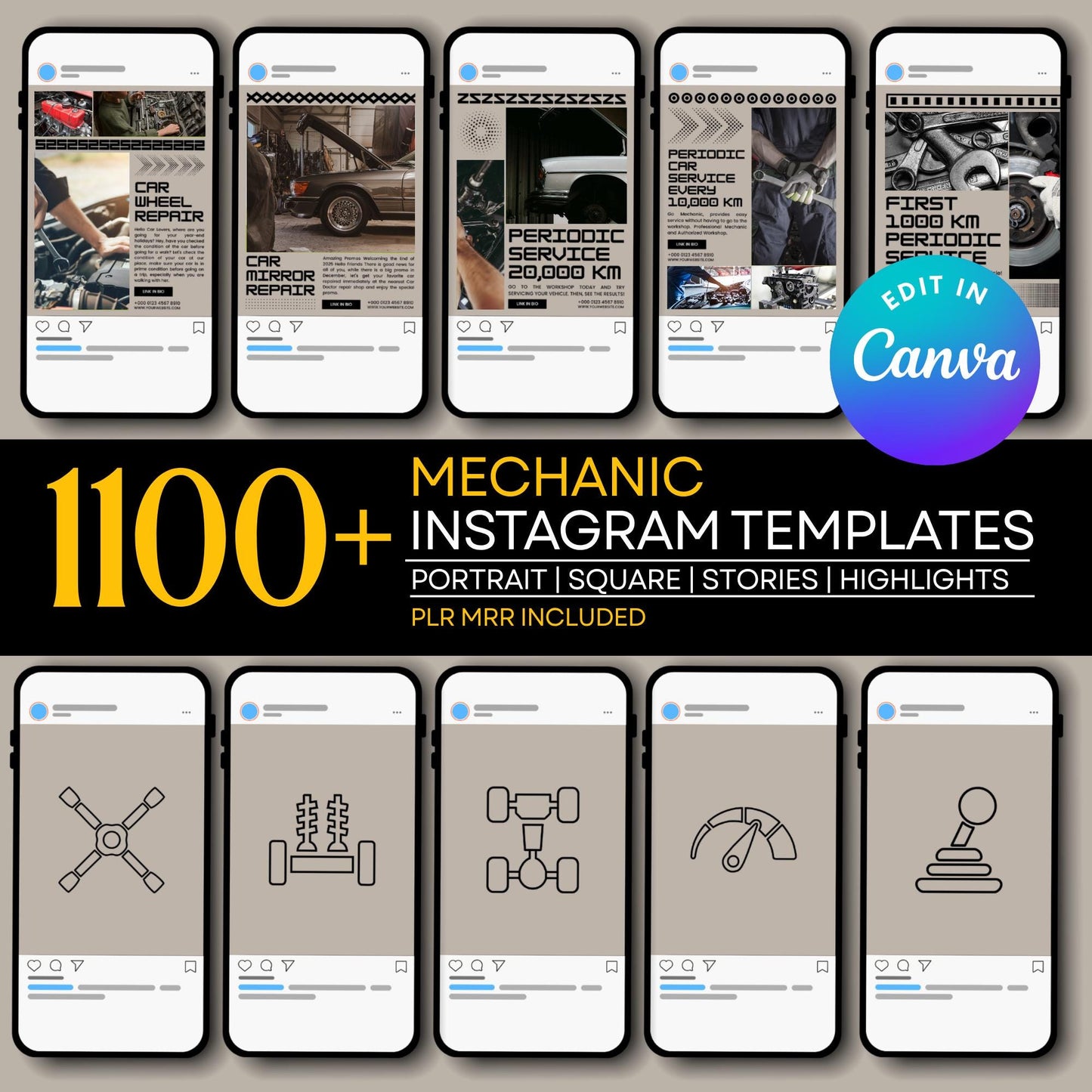 PLR MRR 1100 Mechanic Instagram Templates Bundle Resell Rights | Editable Canva Social Media Kit | Posts, Stories, Highlights | Plr Products