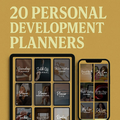 20 Personal Development Planners PLR & MRR, Self Love Well Being, Goal Setting, Journal,  Canva Templates, PLR Digital Planners, Trackers,
