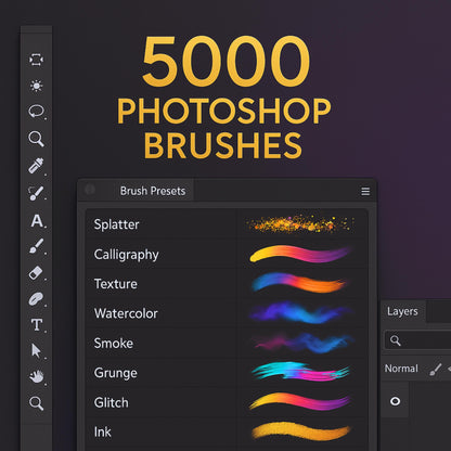 5000 Photoshop Brushes PLR MRR, Cartoon Brushes, Water Brushes, Hair Brushes, Skin Brushes, Sand Brushes, Fabric Brushes, Background Brushes