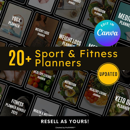 PLR MRR 20+ Sport & Fitness Planners Bundle, Editable Canva Templates, Digital Workout Journals, Resell  Rebrand Fitness Coach Gym Planner
