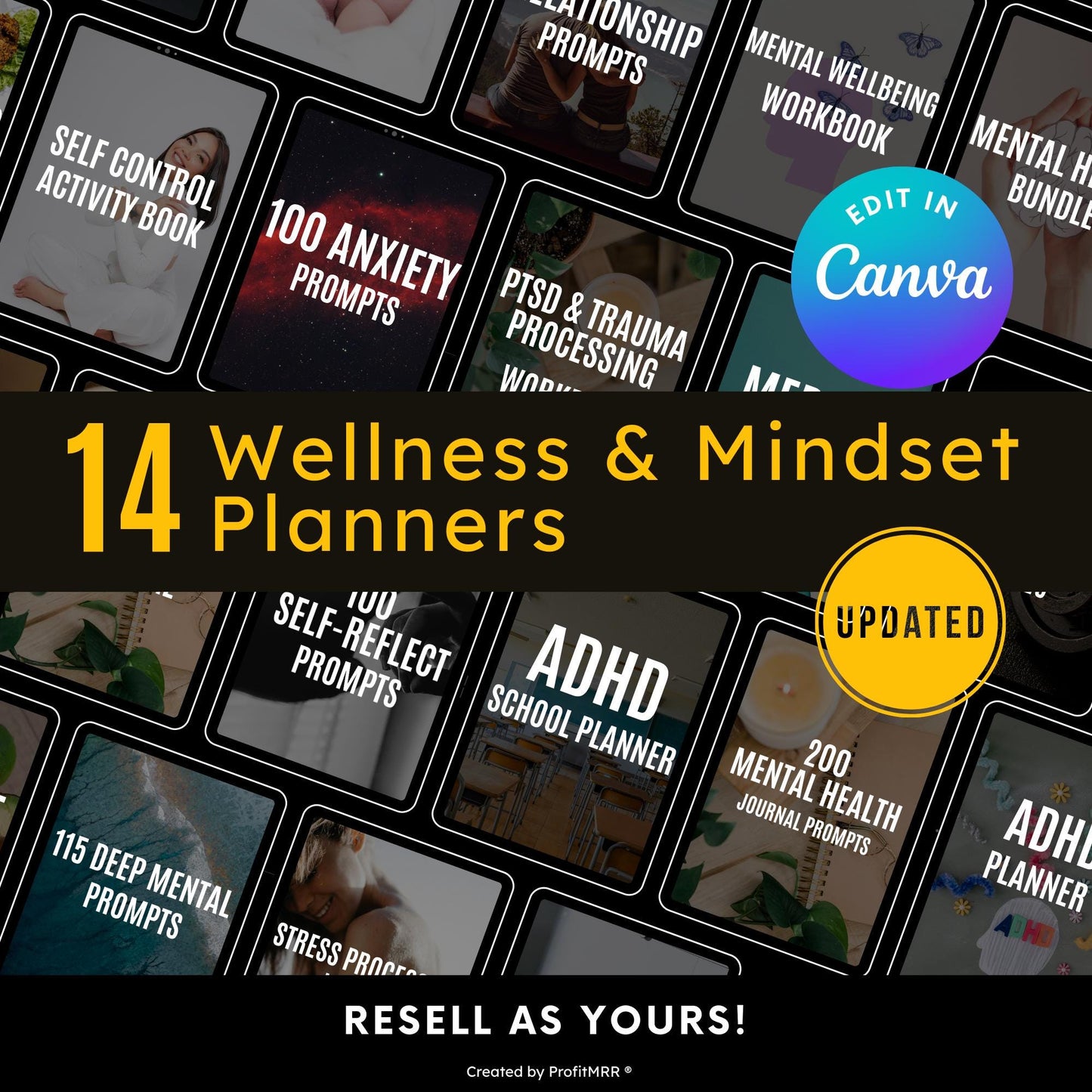 14 Wellness & Mindset Planners Bundle PLR MRR | Digital Self-Care Journals | Editable Canva Templates | Resell Rebrand PLR Planners