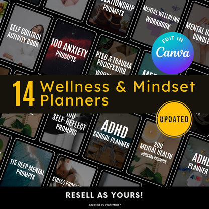14 Wellness & Mindset Planners Bundle PLR MRR | Digital Self-Care Journals | Editable Canva Templates | Resell Rebrand PLR Planners