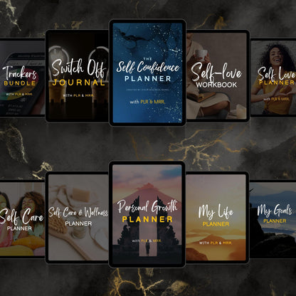 18 Personal Development Planners Bundle PLR MRR, Plr Canva Templates, Resell Rights, Self Care, Goals Habit Tracker, Digital Planners Plr
