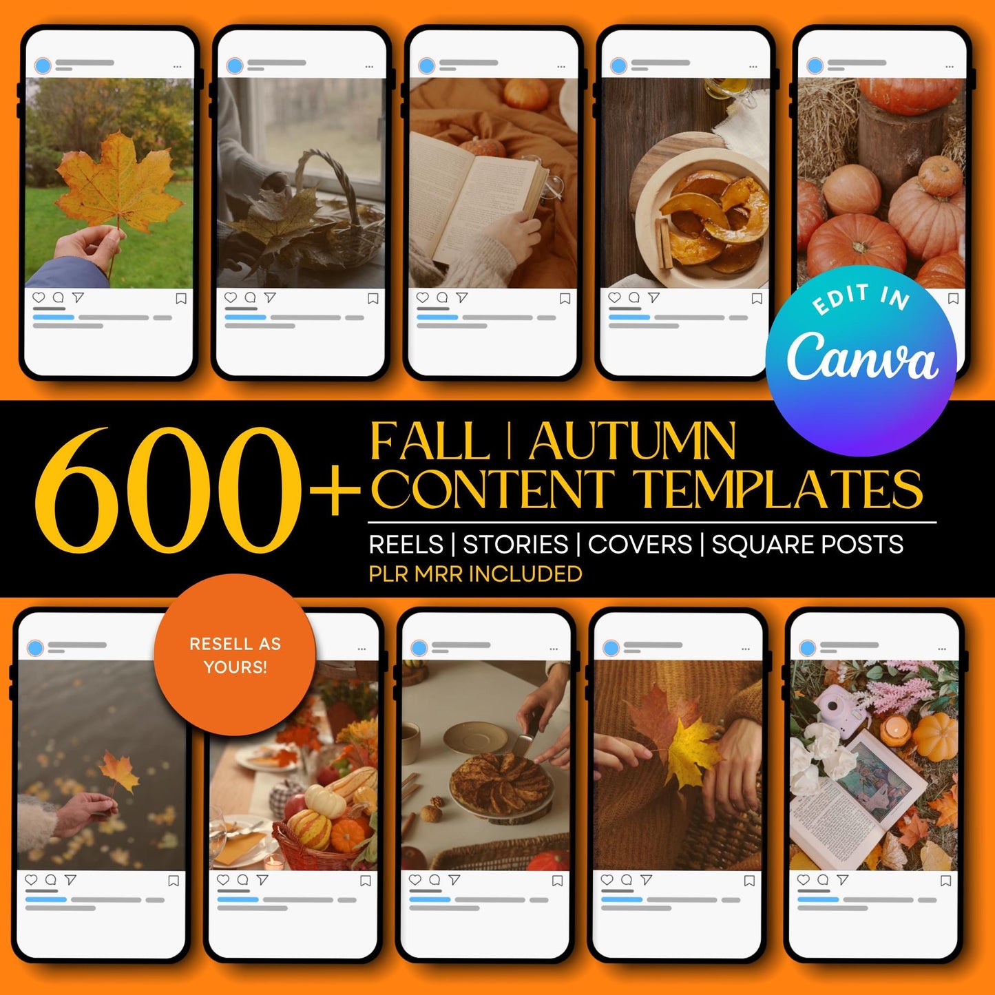 PLR MRR 600 Fall Autumn Social Media Templates Bundle | Canva Editable Posts, Instagram Facebook Templates ,Resell Rights, Content Templates