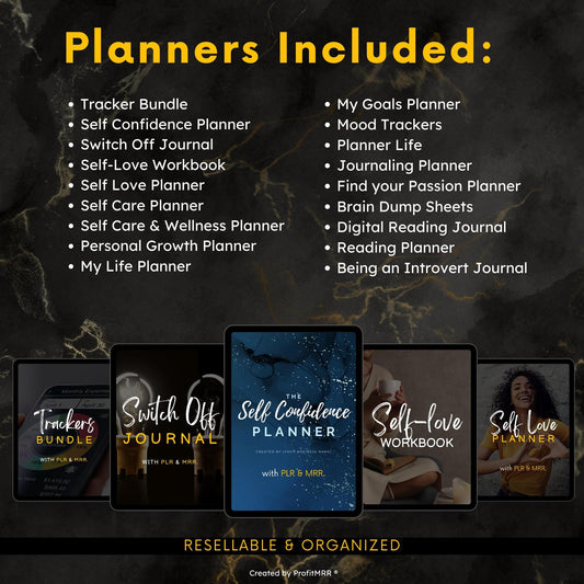 18 Personal Development Planners Bundle PLR MRR, Plr Canva Templates, Resell Rights, Self Care, Goals Habit Tracker, Digital Planners Plr