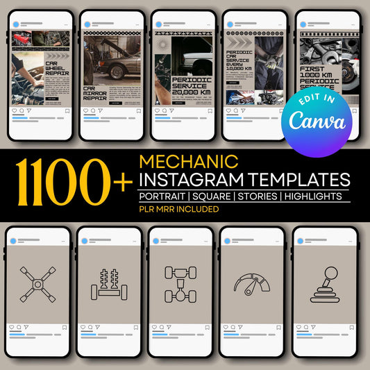PLR MRR 1100 Mechanic Instagram Templates Bundle Resell Rights | Editable Canva Social Media Kit | Posts, Stories, Highlights | Plr Products